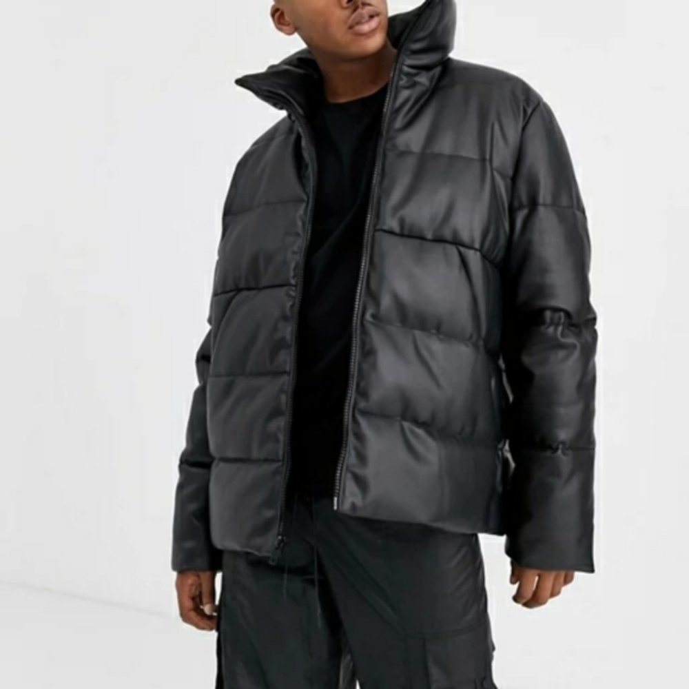 Vintage Faux Leather Puffer Winter Jacket
